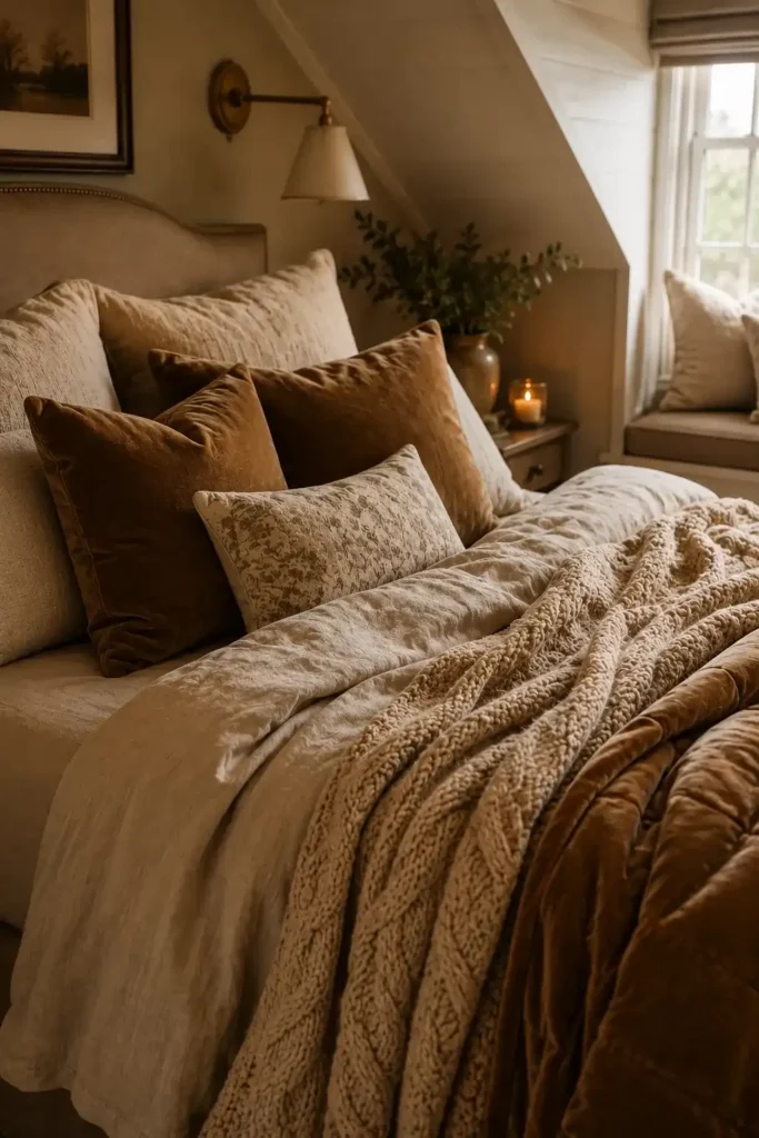 Layered textiles adding coziness to attic bedroom