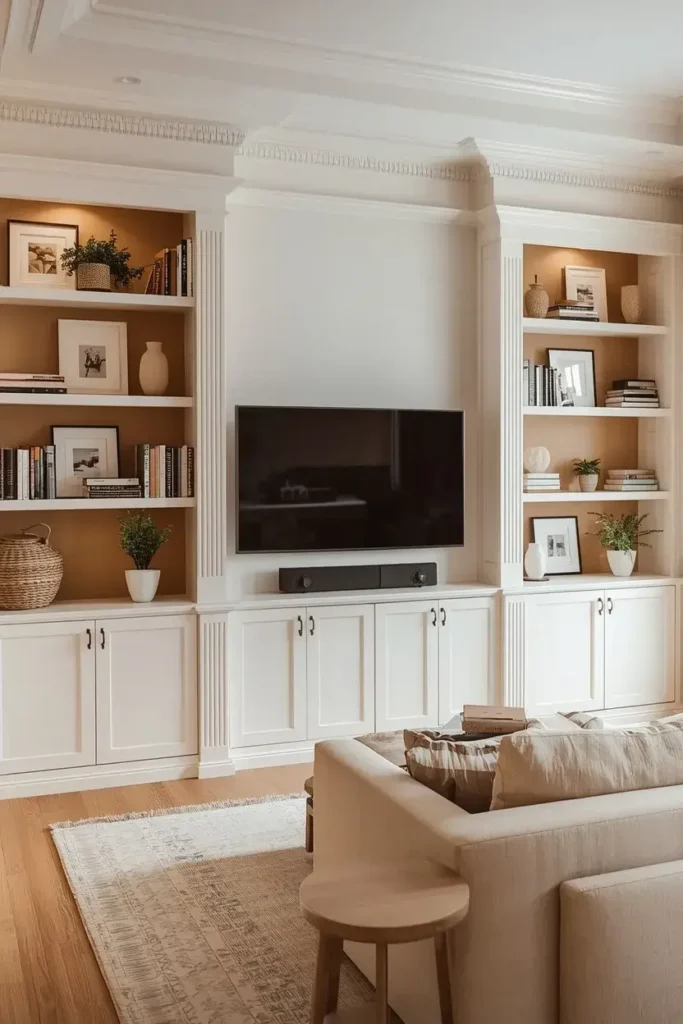 Living room TV surrounded by stylish built-in shelves and decorative accessories
