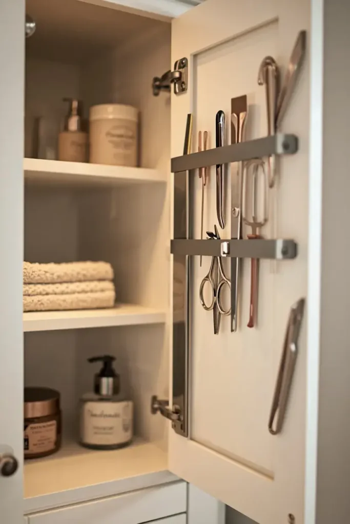 Magnetic strip organizing small metal grooming tools inside a bathroom cabinet
