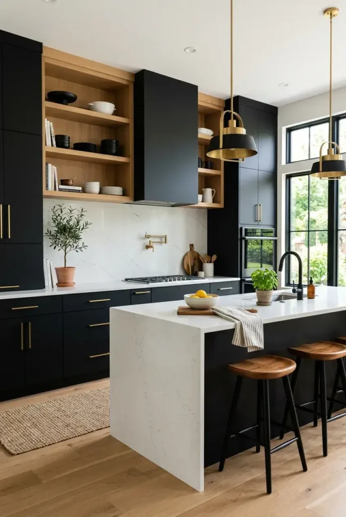 Matte black kitchen cabinets with white countertops and wooden accents