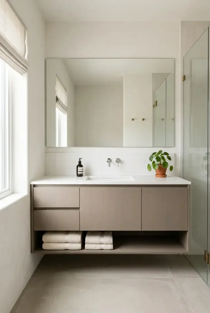 Minimalist bathroom with neutral colors, clean surfaces, simple vanity, and greenery