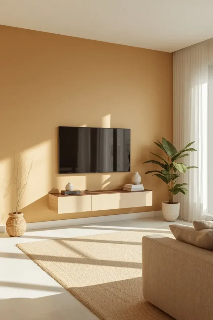 Minimalist cream TV wall with floating console and simple living room decor