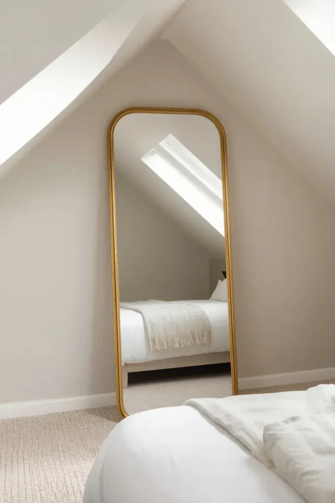 Mirror reflecting light in small attic bedroom