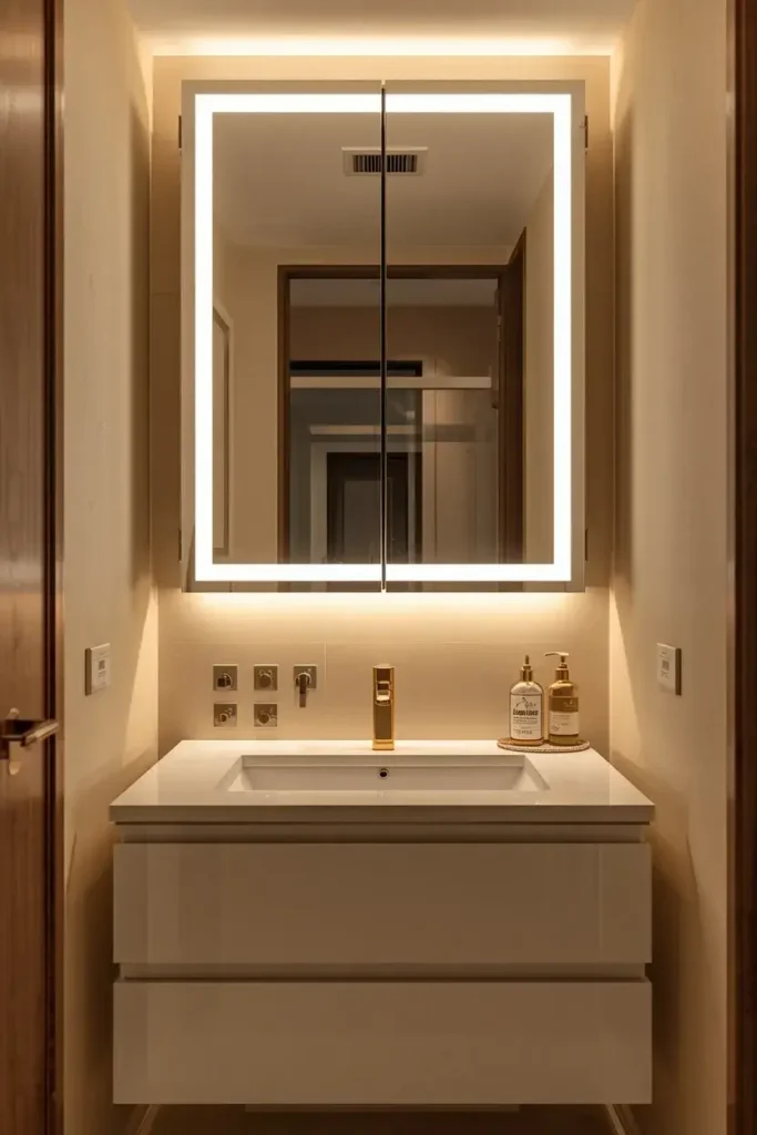 Mirrored cabinet providing hidden storage behind the bathroom mirror