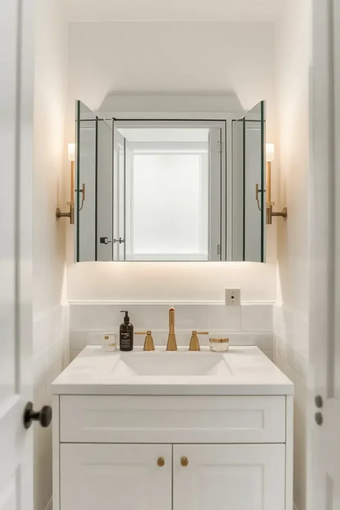 Mirrored medicine cabinet providing hidden storage in a small bathroom