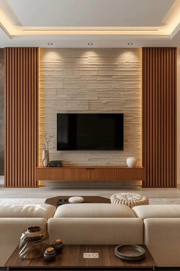  Modern TV wall combining beige stone texture with vertical wood slats