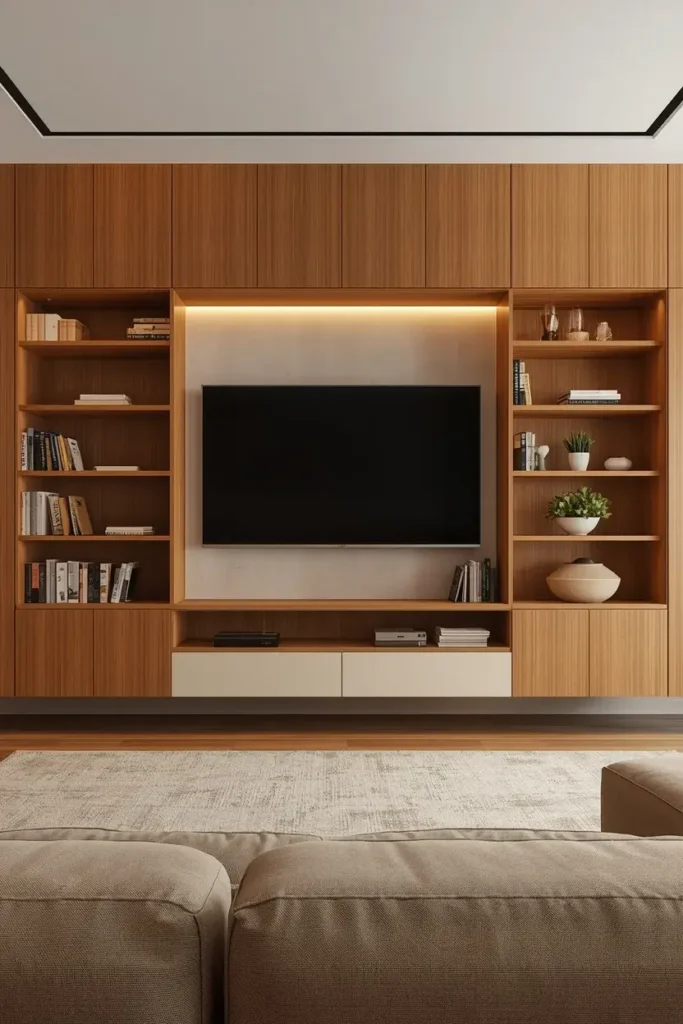 Modern TV wall with floating cabinets and stylish hidden storage
