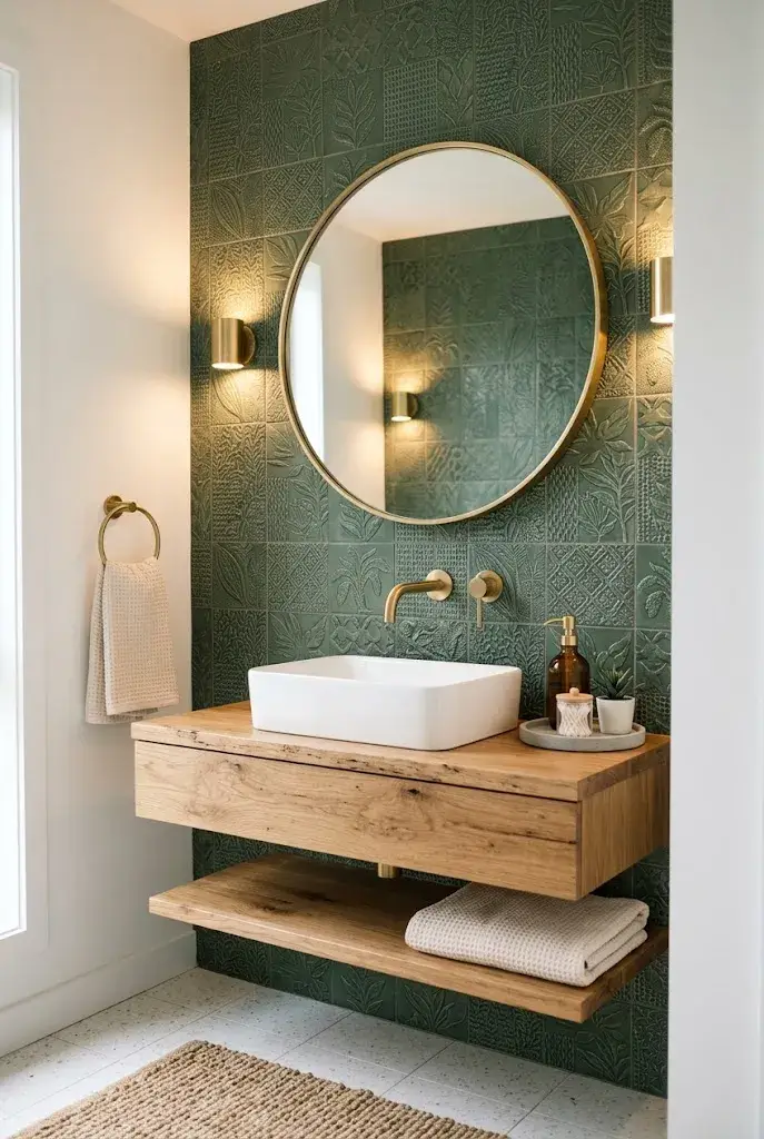 Modern bathroom with a bold green statement wall and wooden vanity