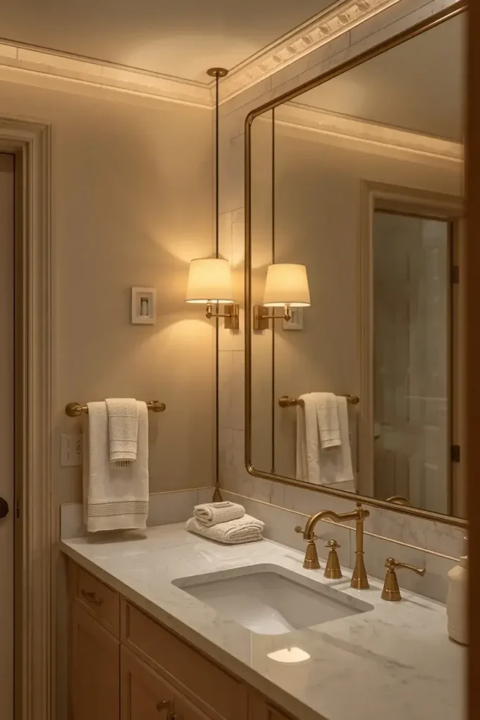 Modern bathroom with warm sconces, ceiling lighting, and a marble vanity