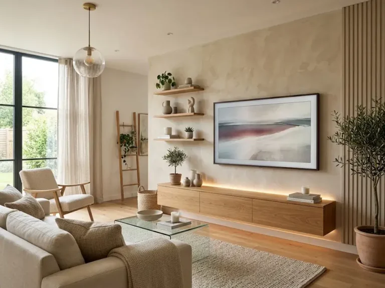 Modern living room with a stylish wall-mounted TV, textured beige accent wall, wooden floating console, and warm decorative lighting.