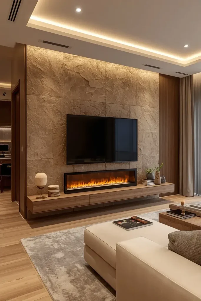 Modern living room with a wall-mounted TV above a sleek fireplace