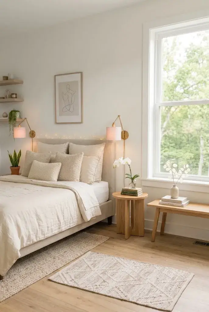 Modern minimalist bedroom with neutral bedding, clean furniture, natural wood, and simple decor.
