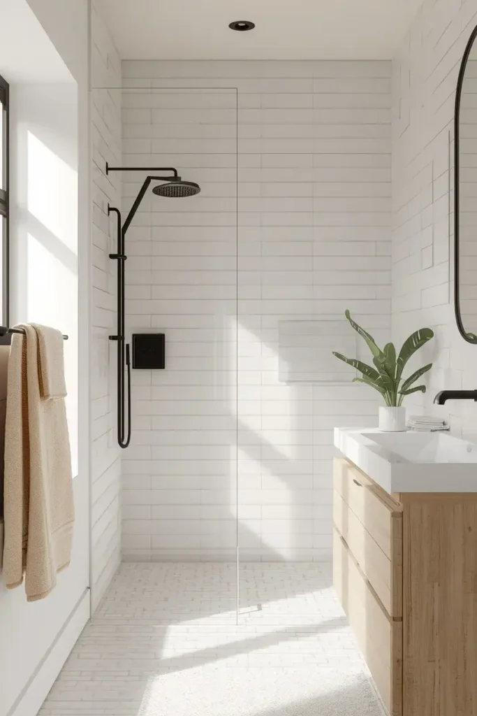  Modern white bathroom with matte black fixtures and light wood vanity