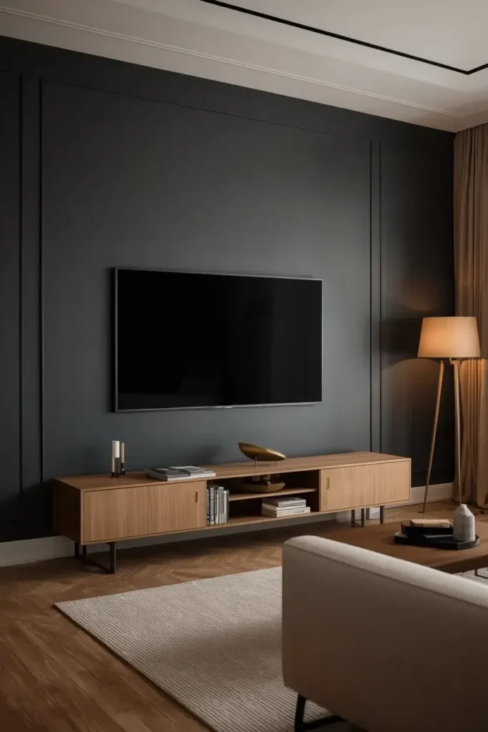 Moody charcoal TV wall with cream furniture and warm lighting