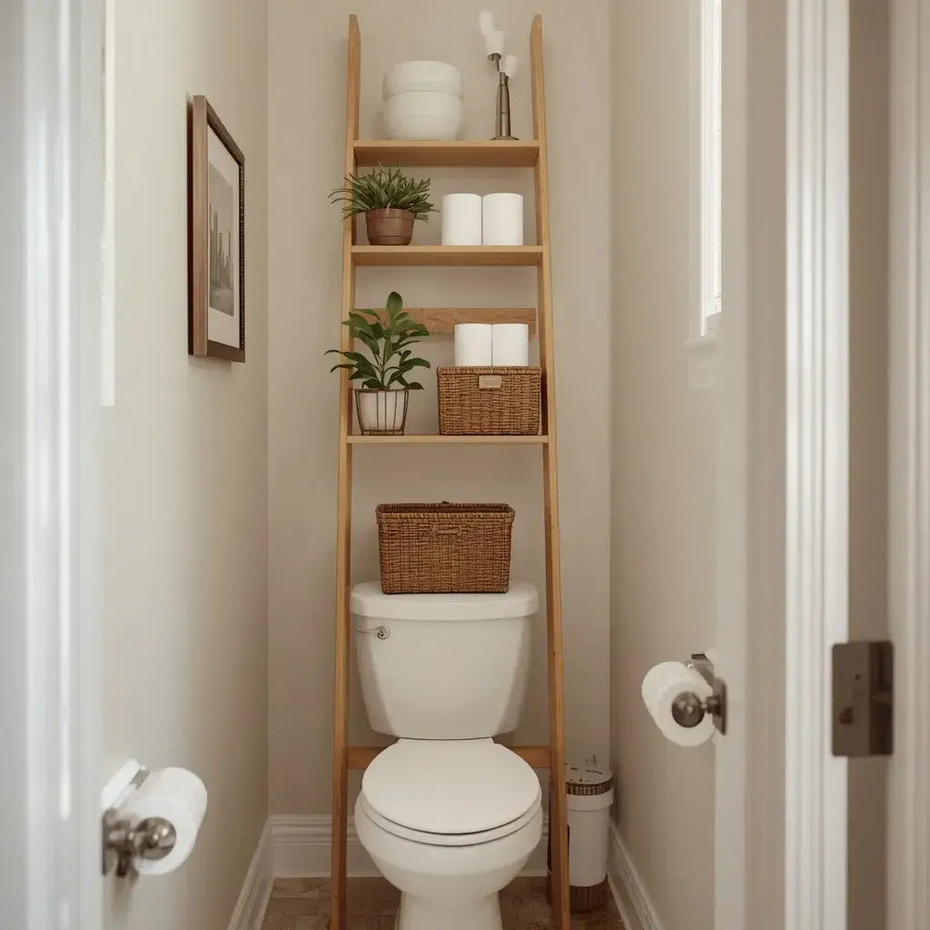 Narrow ladder shelf providing storage above the toilet in a small bathroom