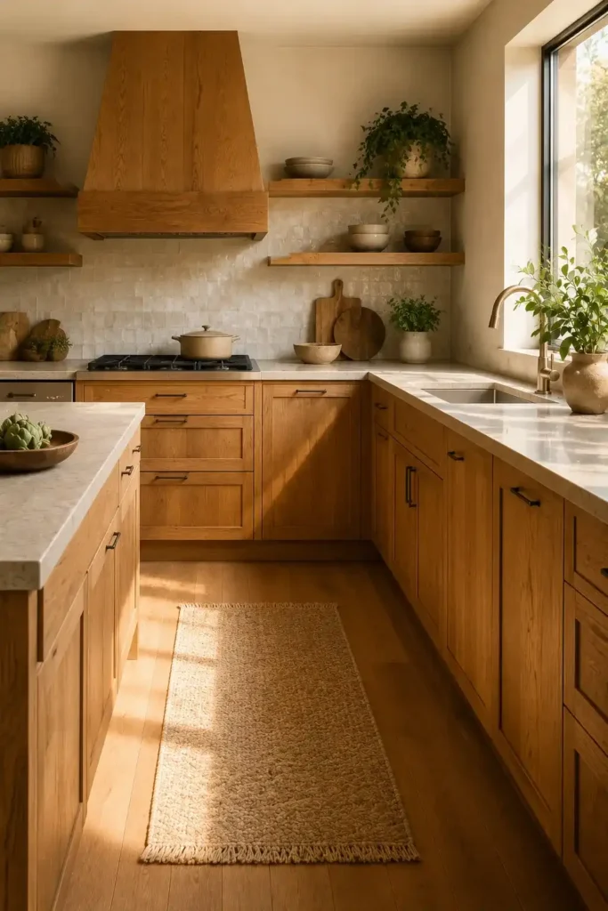 Natural wood kitchen cabinets with warm oak grain and stone countertops