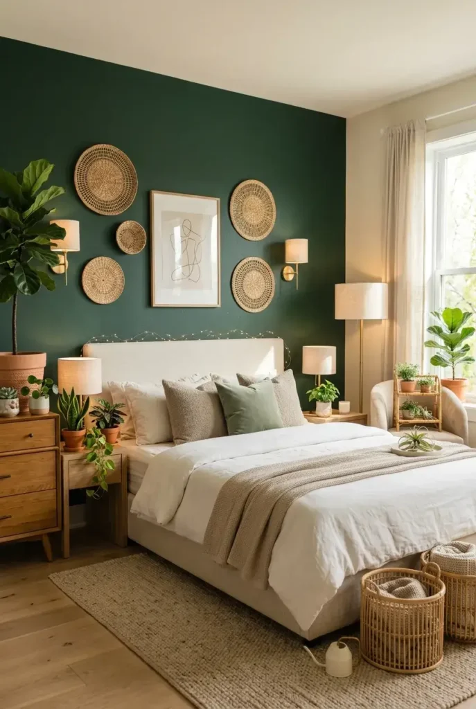 Nature-inspired bedroom with green plants, wooden furniture, rattan baskets, and earthy colors.
