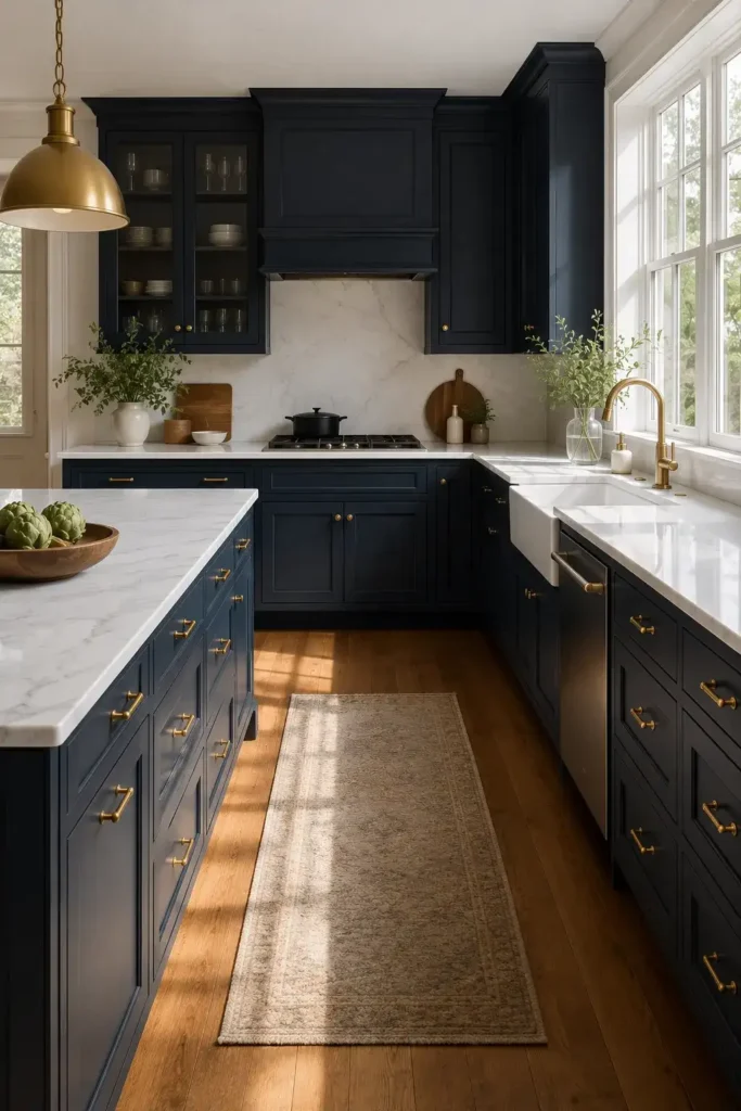 Navy blue kitchen cabinets with white marble countertops and brass hardware