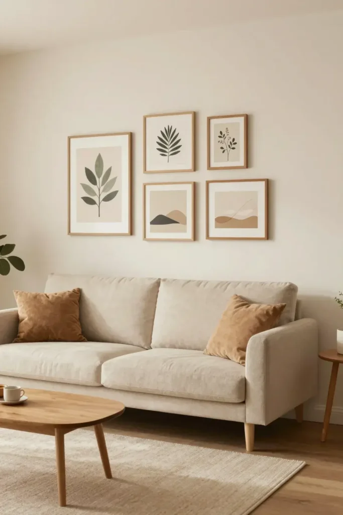 : Neutral wall art decorating a tiny apartment living room