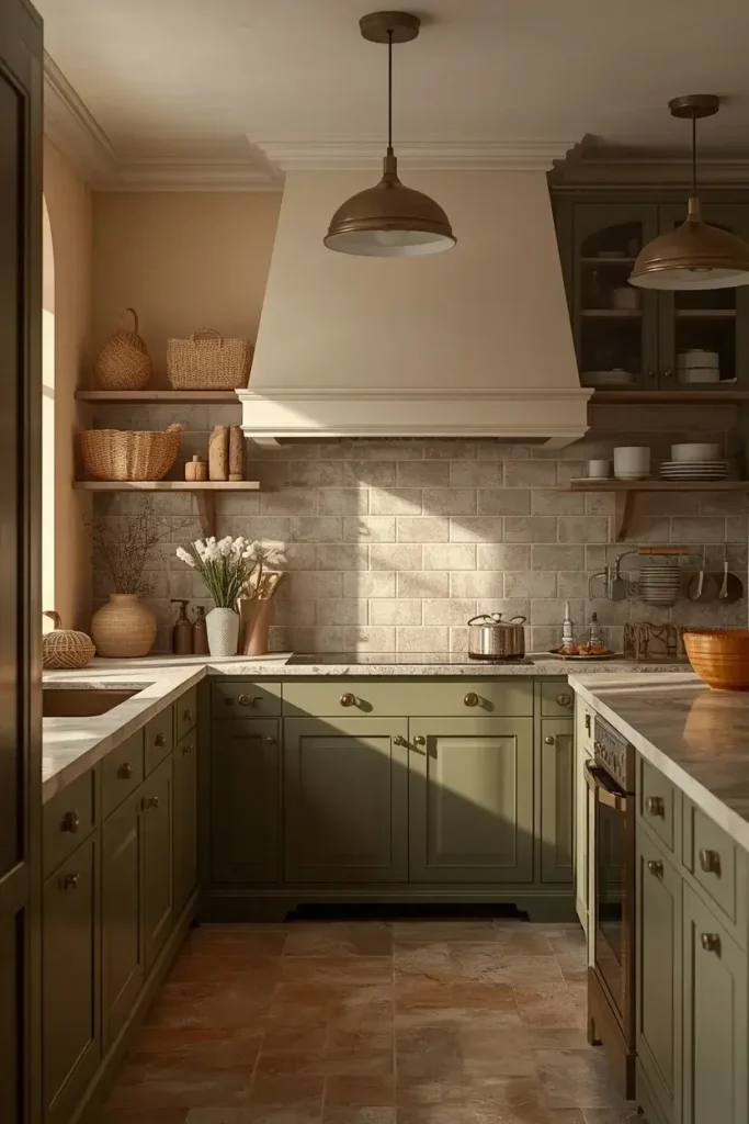 Olive green kitchen cabinets with brass hardware and warm natural wood accents