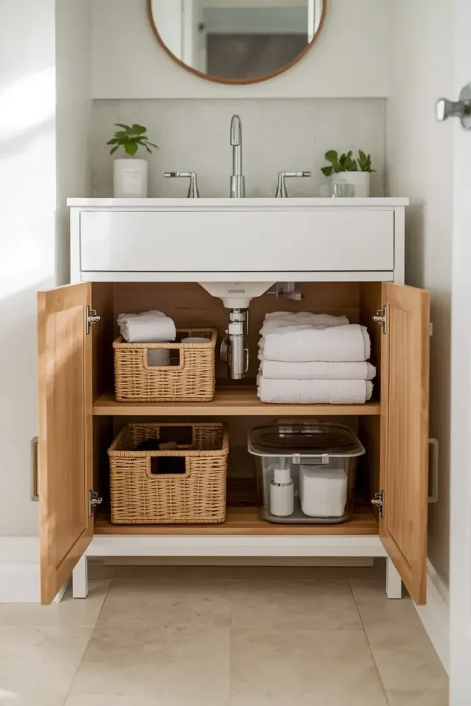 Organized baskets and bins inside a bathroom vanity cabinet