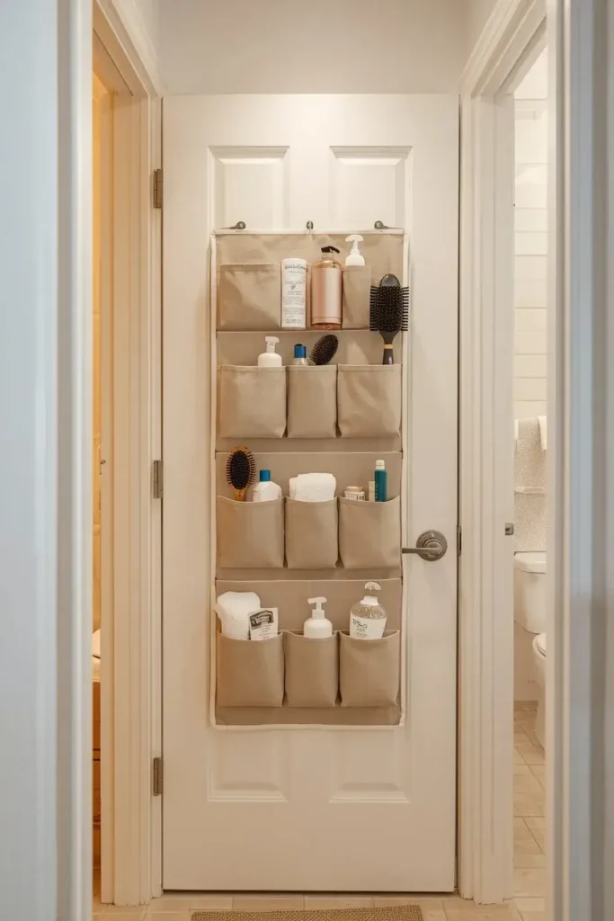 Over-the-door organizer providing extra storage in a small bathroom