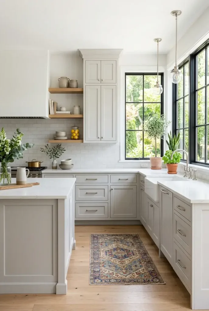 Pale gray kitchen cabinets with white countertops and light wood flooring