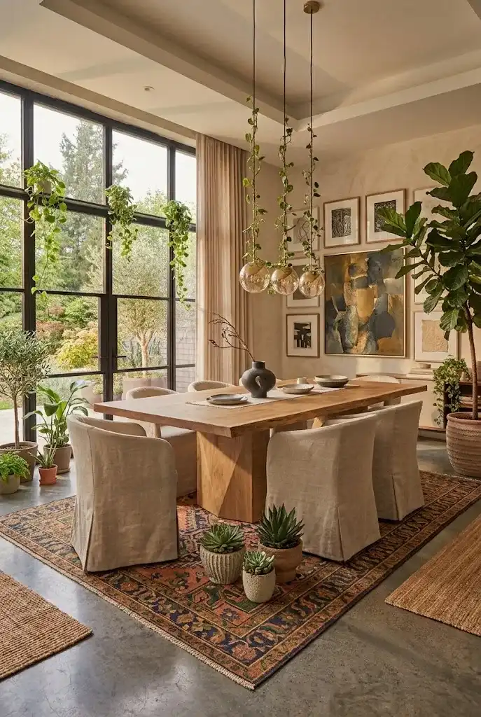 Patterned area rug layered under a dining table and chairs