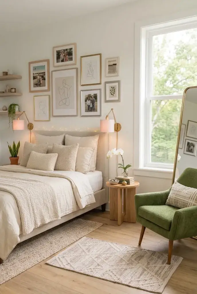 Personalized bedroom with gallery wall, photographs, books, artwork, and cozy decor