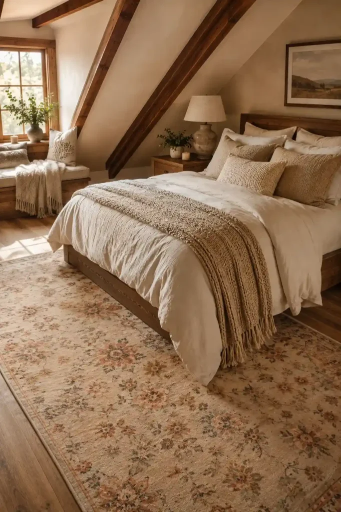 Plush textured rug beside the bed in a cozy attic bedroom