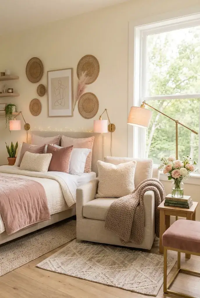 Romantic bedroom with blush bedding, velvet pillows, flowers, soft curtains, and warm lighting