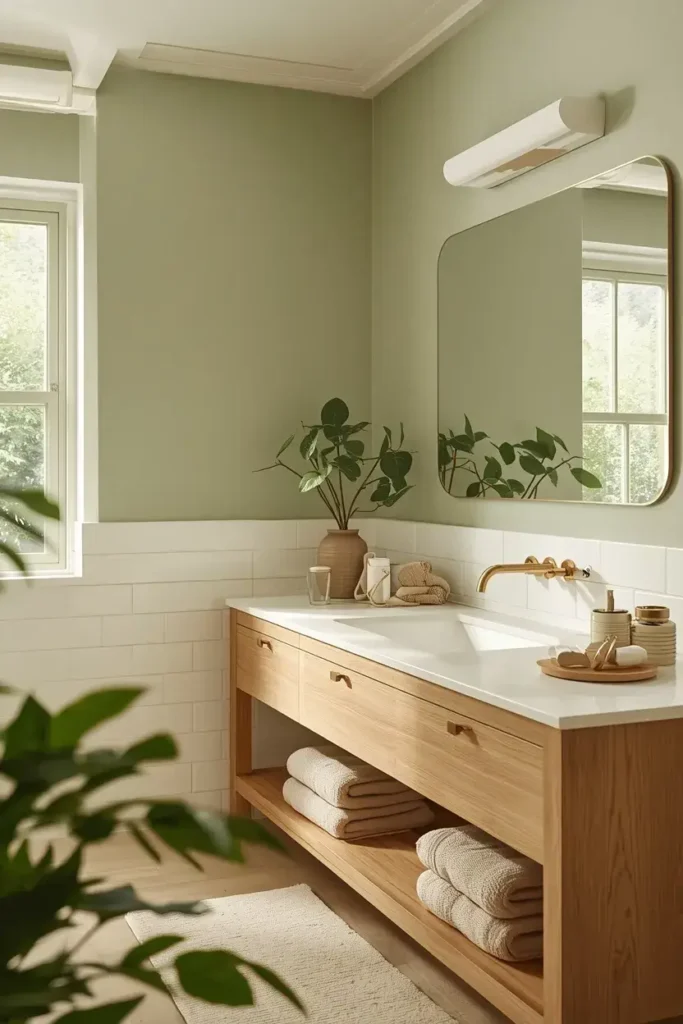Sage green bathroom with white tiles, oak vanity, brass fixtures, and plants