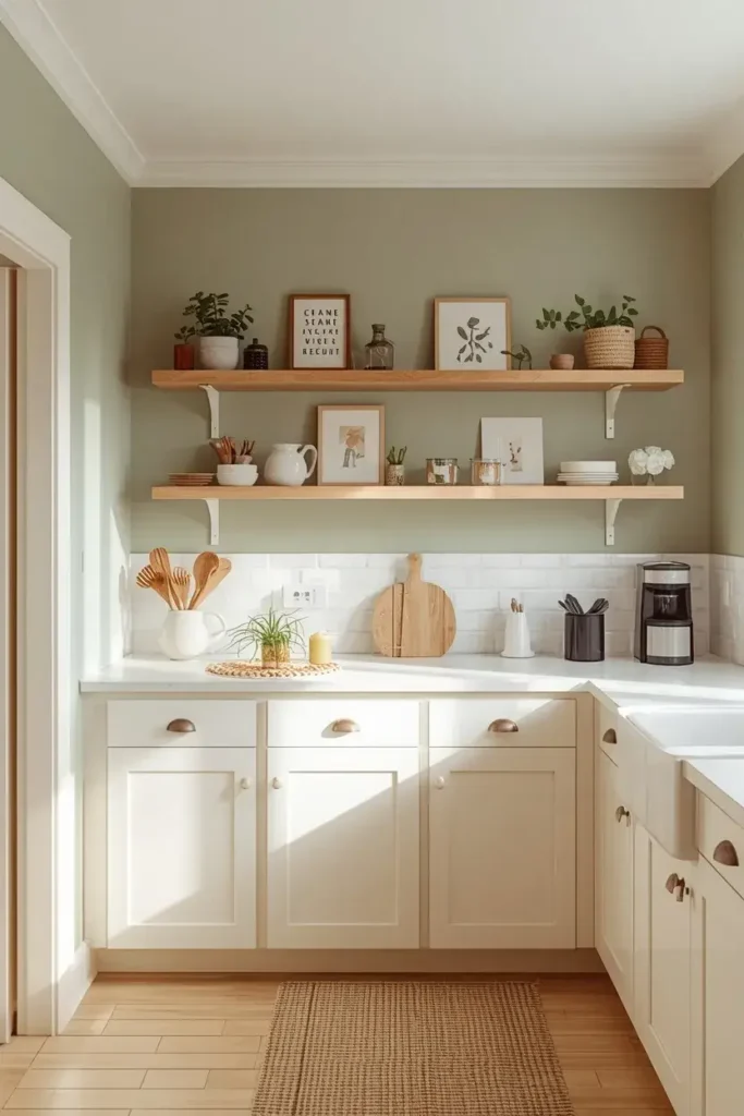 Sage green kitchen walls with white cabinets and natural wood shelves