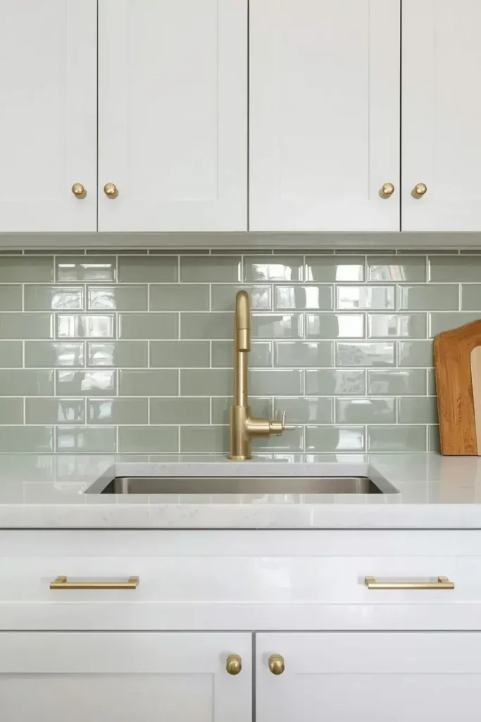Sage green subway tile backsplash with white kitchen cabinets and brass fixtures