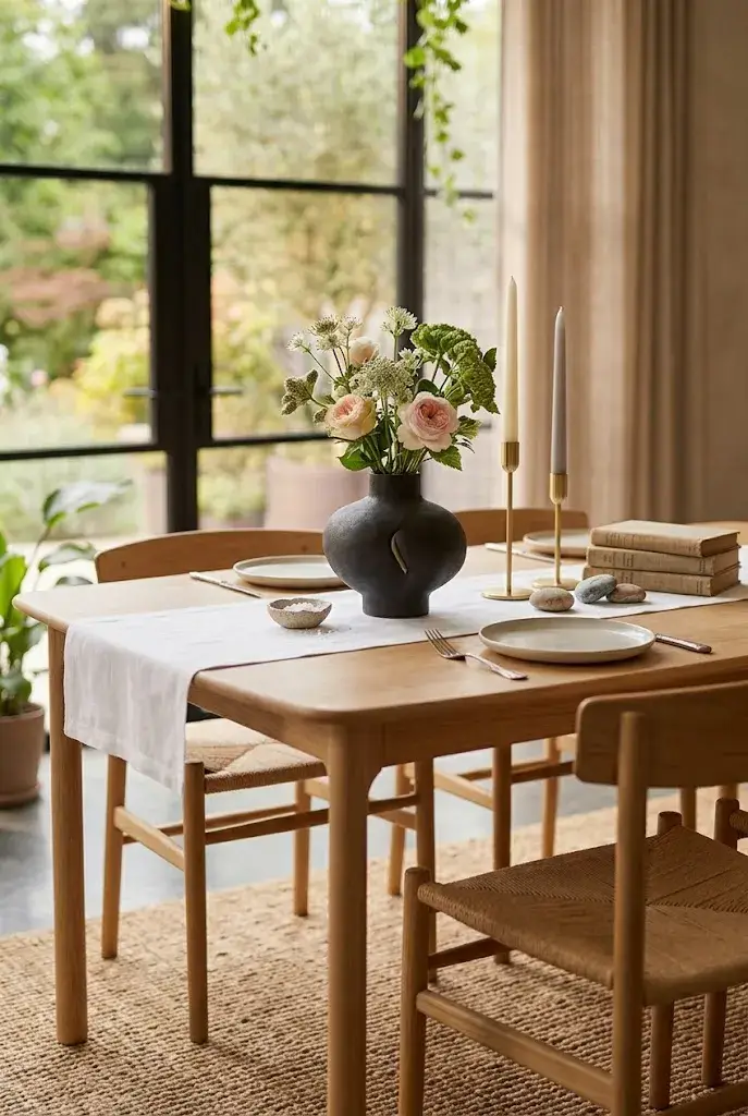 Simple dining table centerpiece with flowers and candles