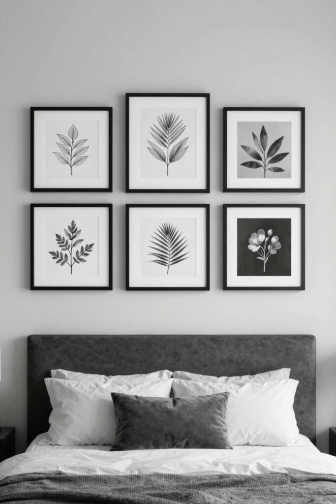 Simple matching gallery wall above guest room bed
