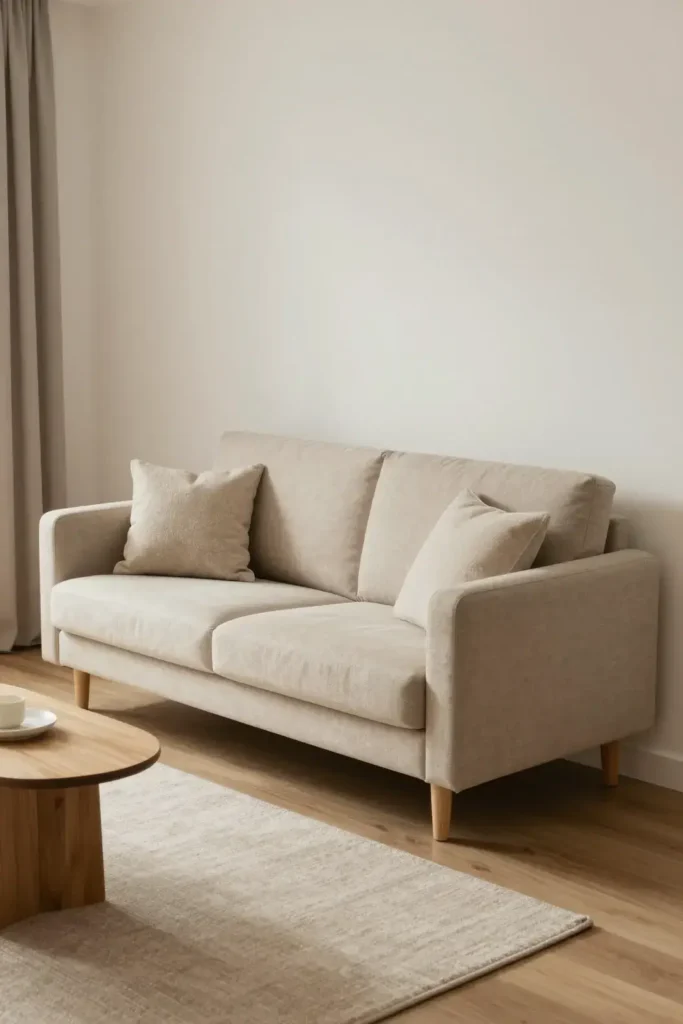Slim beige sofa in a cozy apartment living room