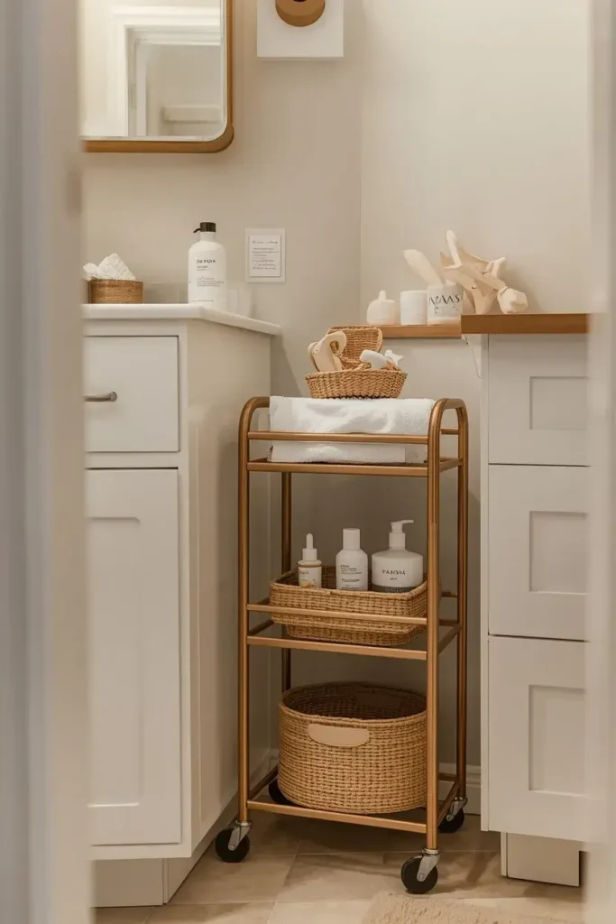  Slim rolling cart used for bathroom storage beside a vanity
