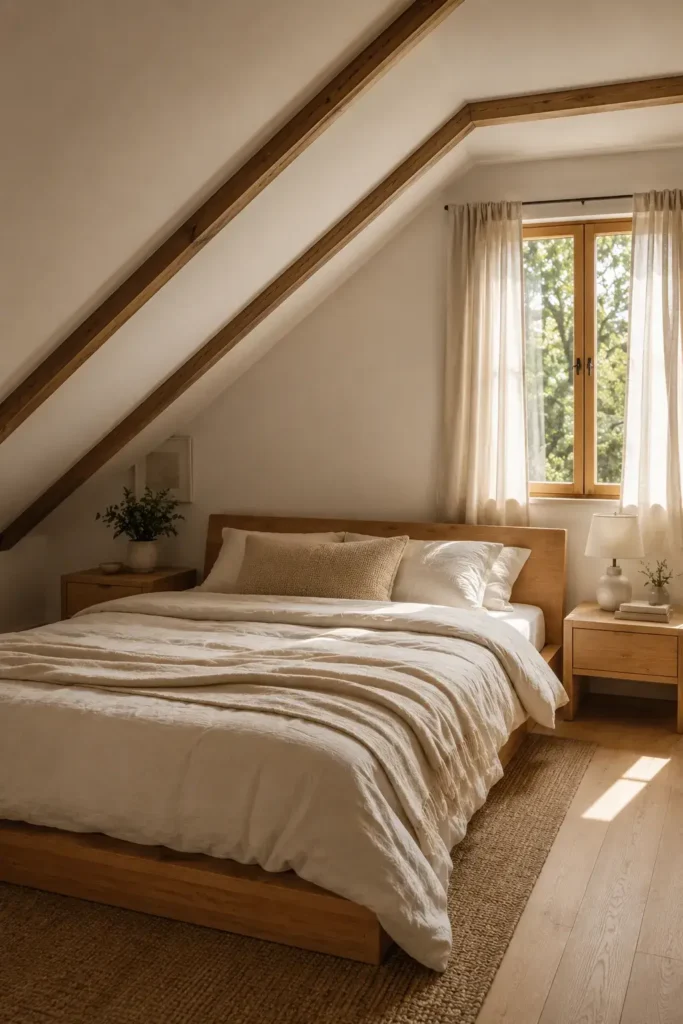 Small attic bedroom with a low-profile bed beneath a sloped ceiling