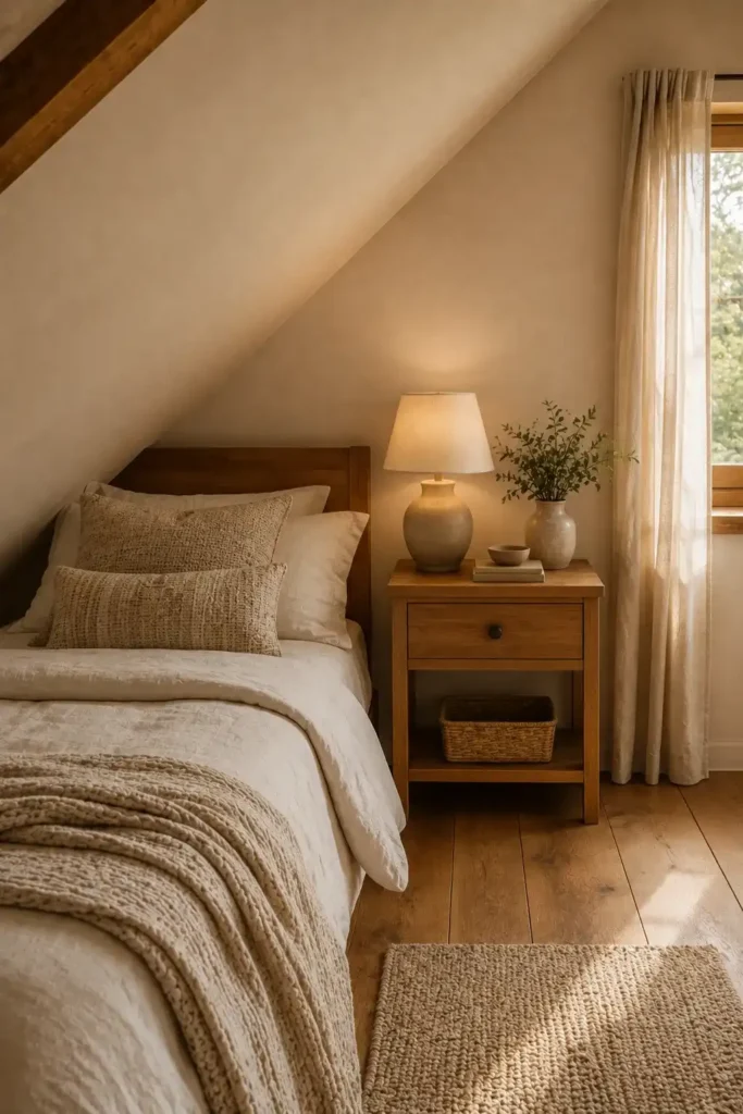 Small attic bedroom with a slim wooden nightstand beside the bed