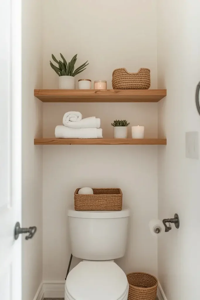 Small bathroom with wooden floating shelves decorated with towels and plants