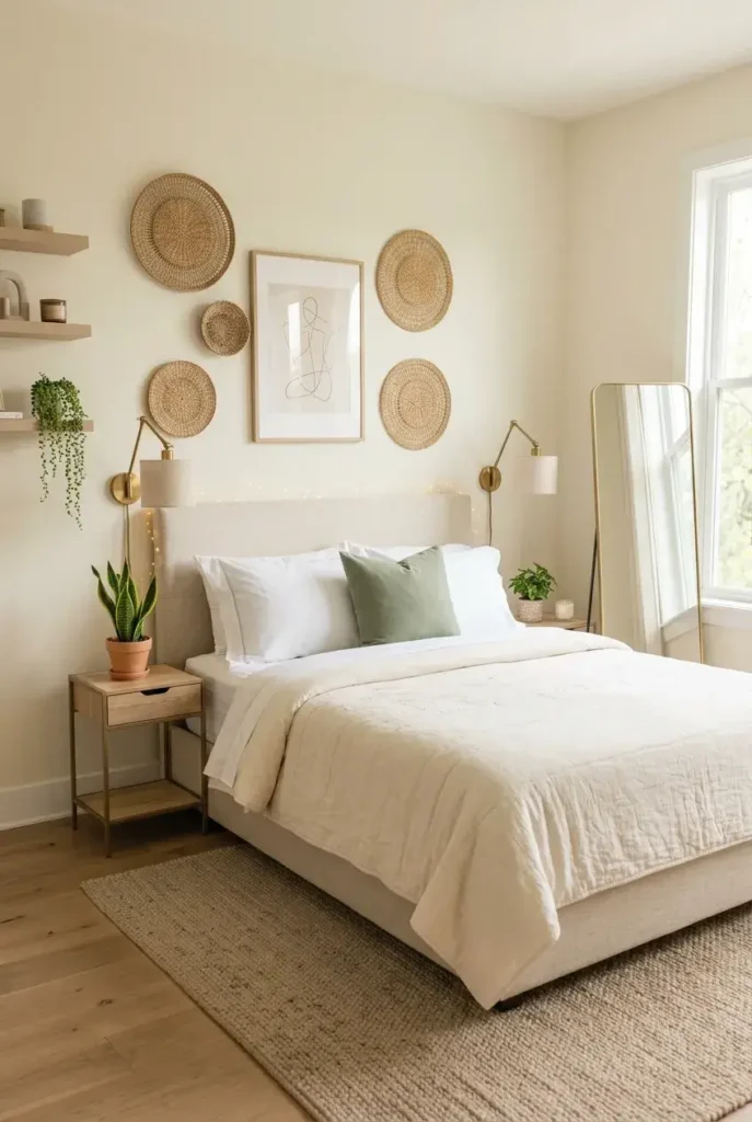 Small bedroom with light walls, large mirror, floating shelves, and space-saving furniture