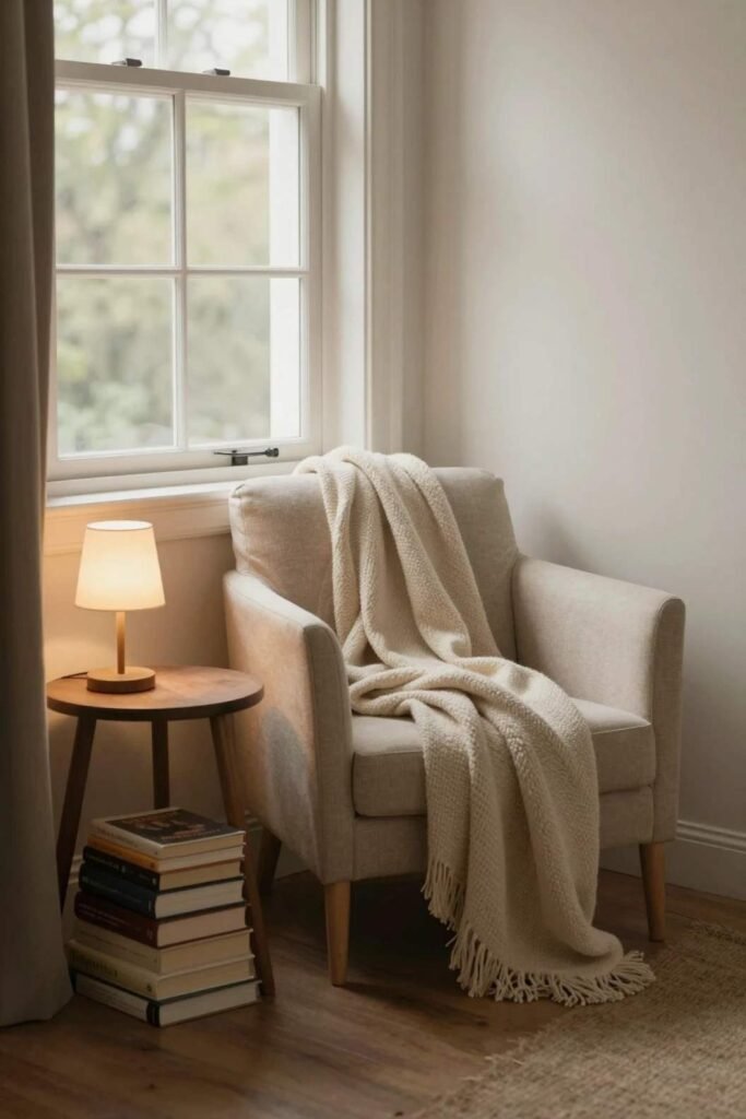 Small reading nook idea for a relaxing guest bedroom corner
