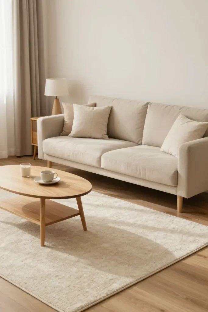 Soft area rug layered in a cozy tiny living room