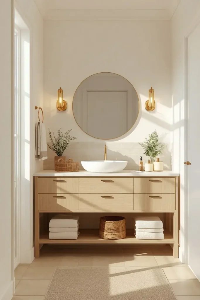 Soft neutral bathroom with beige tiles, light wood vanity, cream towels, and warm lighting