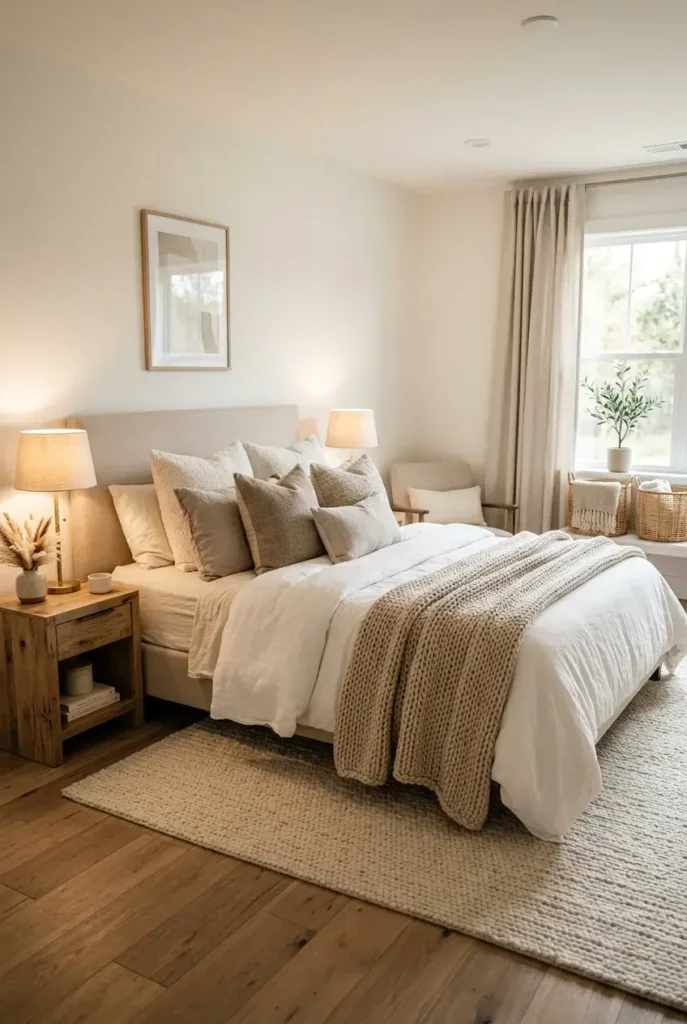 Soft neutral bedroom with beige bedding, warm lighting, wooden furniture, and cozy textures.