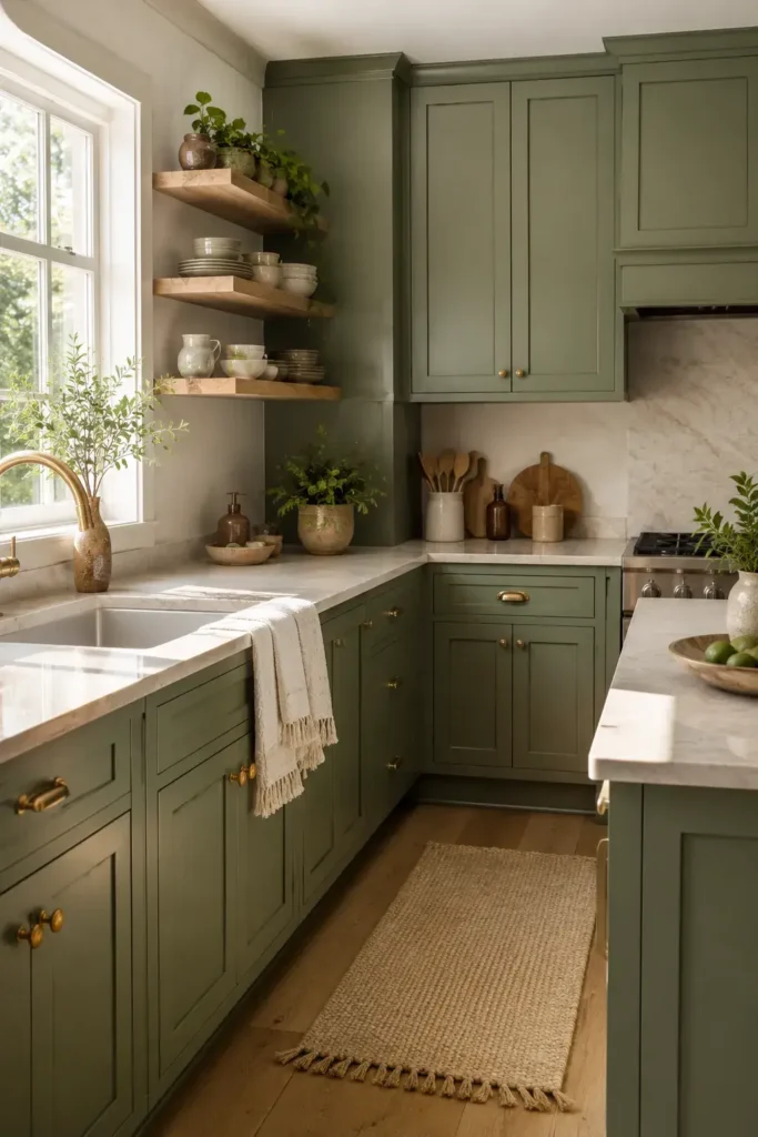 Soft sage green kitchen cabinets with warm white walls and natural wood accents