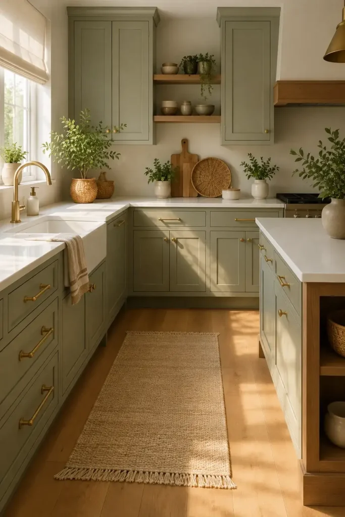 Soft sage green kitchen cabinets with white countertops and natural wood