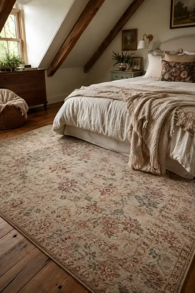 Statement area rug warming up attic bedroom floors