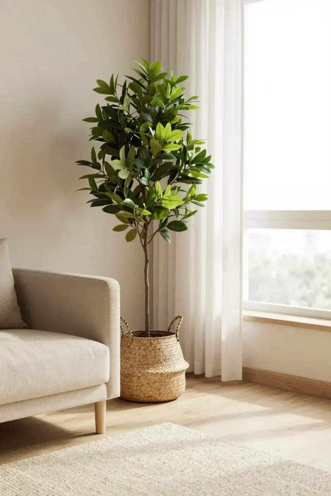 Statement indoor plant beside a sofa in a tiny living room
